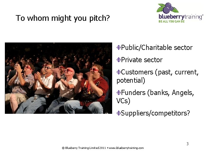To whom might you pitch? Public/Charitable sector Private sector Customers (past, current, potential) Funders