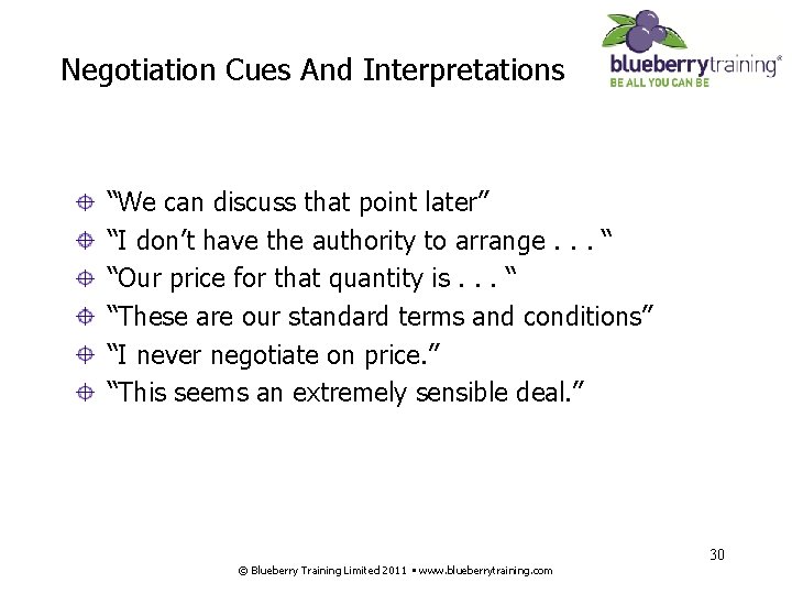 Negotiation Cues And Interpretations “We can discuss that point later” “I don’t have the