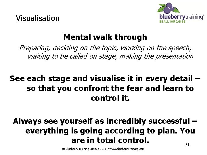 Visualisation Mental walk through Preparing, deciding on the topic, working on the speech, waiting