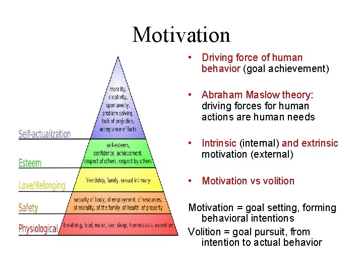 Motivation • Driving force of human behavior (goal achievement) • Abraham Maslow theory: driving