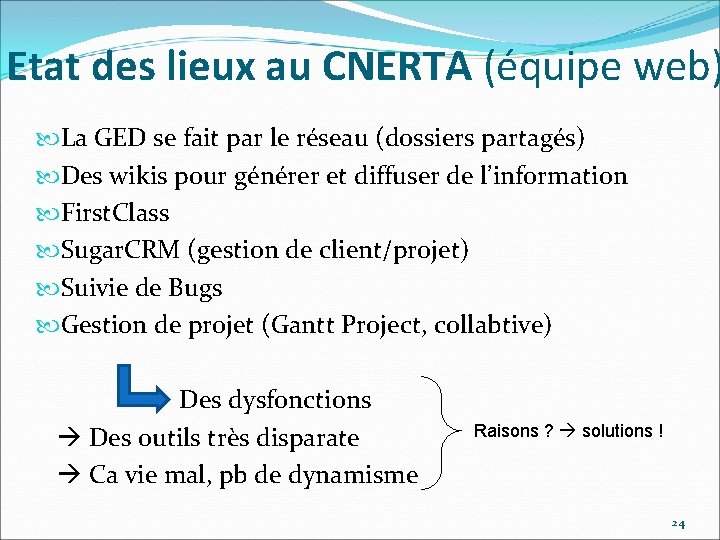 Etat des lieux au CNERTA (équipe web) La GED se fait par le réseau