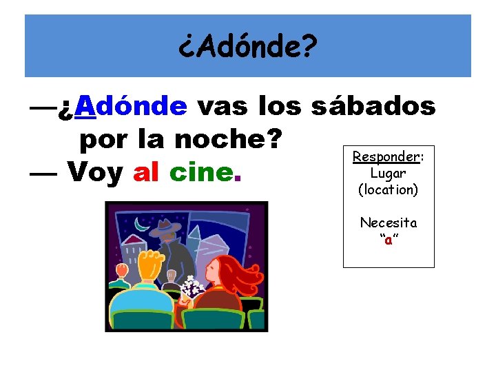 ¿Adónde? —¿Adónde vas los sábados por la noche? Responder: Lugar — Voy al cine.