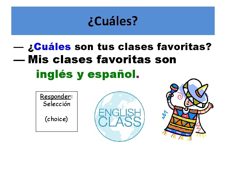 ¿Cuáles? — ¿Cuáles son tus clases favoritas? — Mis clases favoritas son inglés y