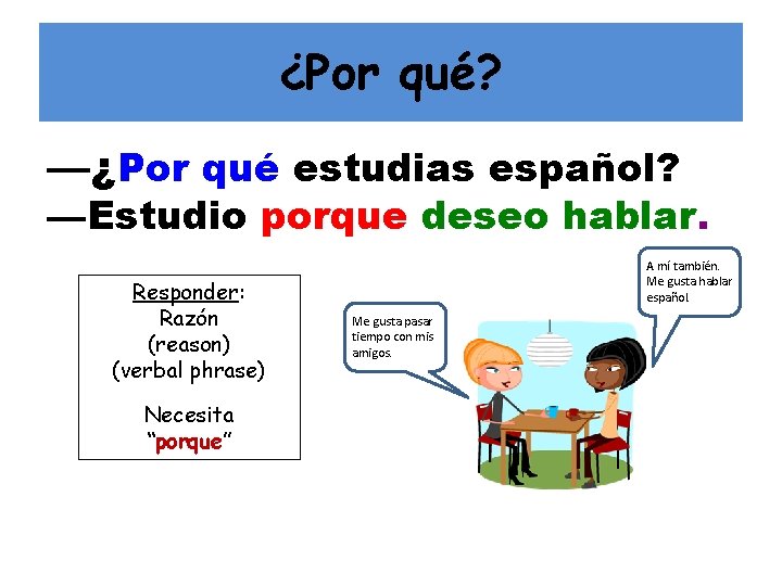 ¿Por qué? —¿Por qué estudias español? —Estudio porque deseo hablar. Responder: Razón (reason) (verbal