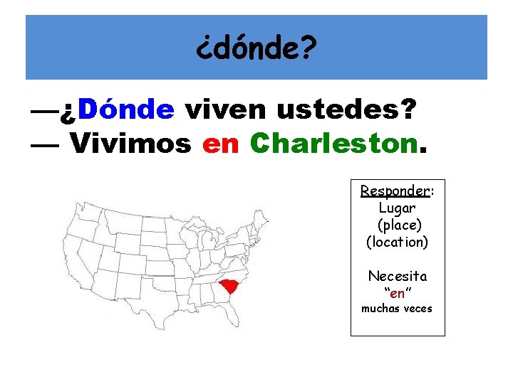 ¿dónde? —¿Dónde viven ustedes? — Vivimos en Charleston. Responder: Lugar (place) (location) Necesita “en”