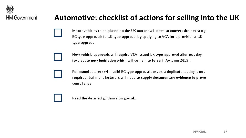 Automotive: checklist of actions for selling into the UK Motor vehicles to be placed