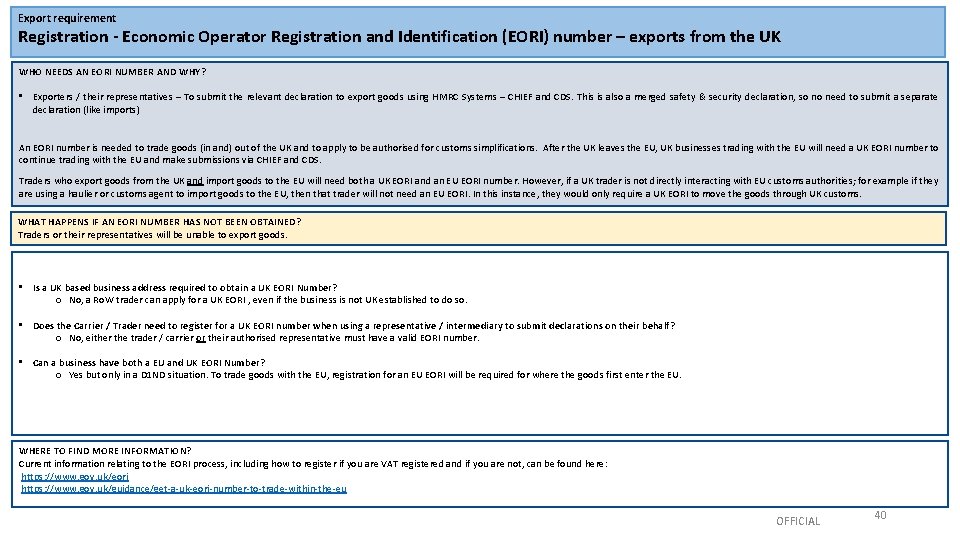 Export requirement Registration - Economic Operator Registration and Identification (EORI) number – exports from