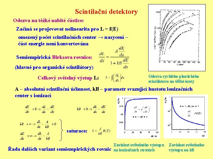 Scintilační detektory Odezva na těžké nabité částice: Začíná se projevovat nelinearita pro L =