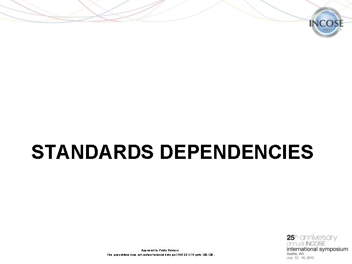 July STANDARDS DEPENDENCIES Approved for Public Release. This presentation does not contain technical data