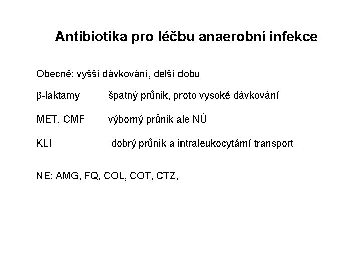  Antibiotika pro léčbu anaerobní infekce Obecně: vyšší dávkování, delší dobu -laktamy špatný průnik,