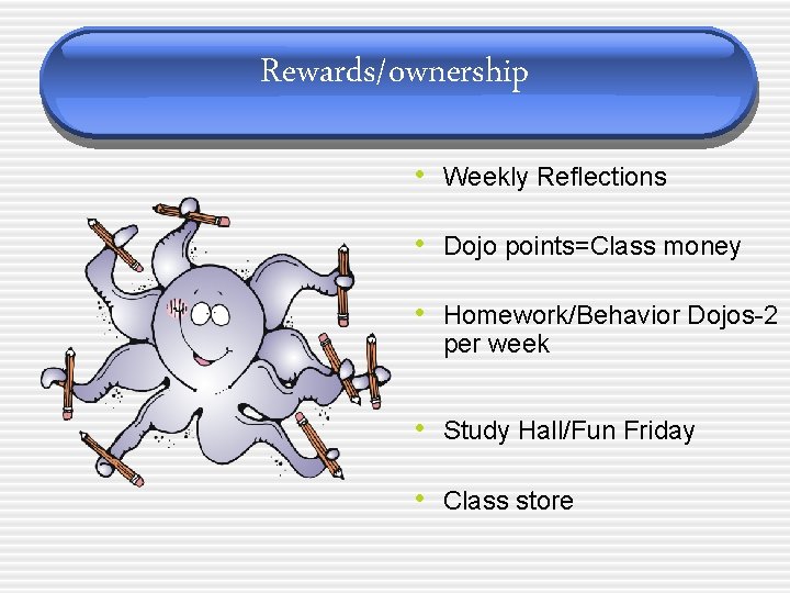 Rewards/ownership • Weekly Reflections • Dojo points=Class money • Homework/Behavior Dojos-2 per week •