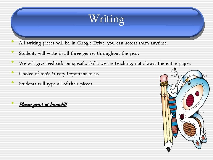 Writing • • • All writing pieces will be in Google Drive, you can