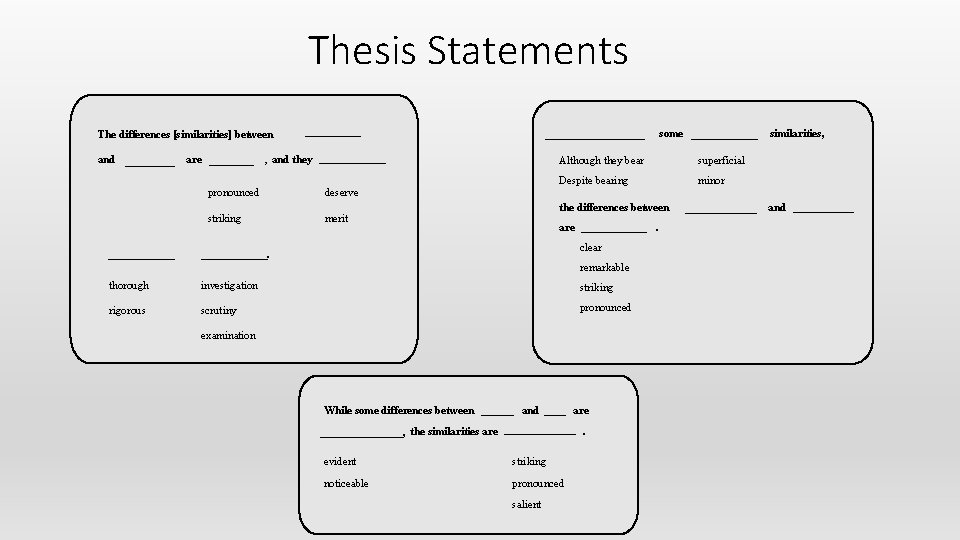 Thesis Statements The differences [similarities] between and ____________ are __________ , and they ______