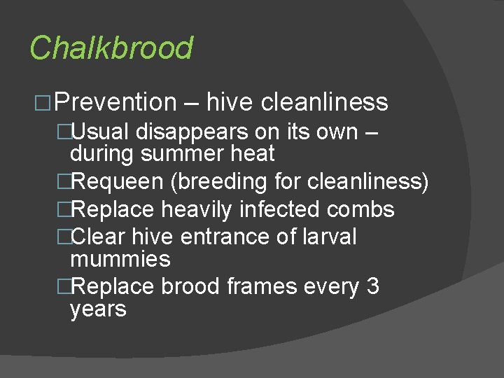 Chalkbrood �Prevention – hive cleanliness �Usual disappears on its own – during summer heat