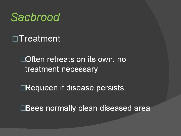 Sacbrood � Treatment �Often retreats on its own, no treatment necessary �Requeen if disease