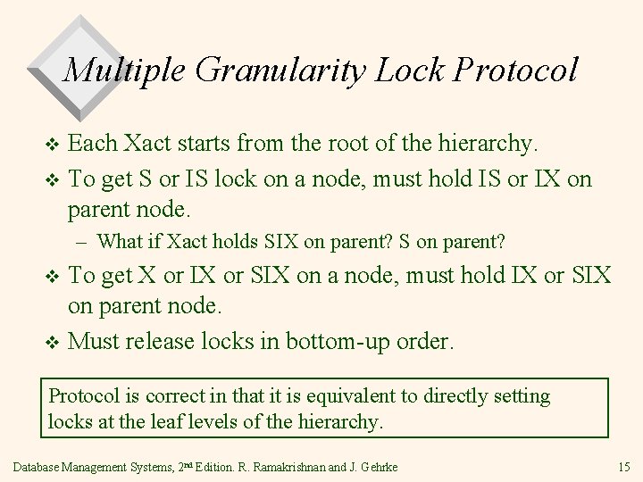 Multiple Granularity Lock Protocol Each Xact starts from the root of the hierarchy. v