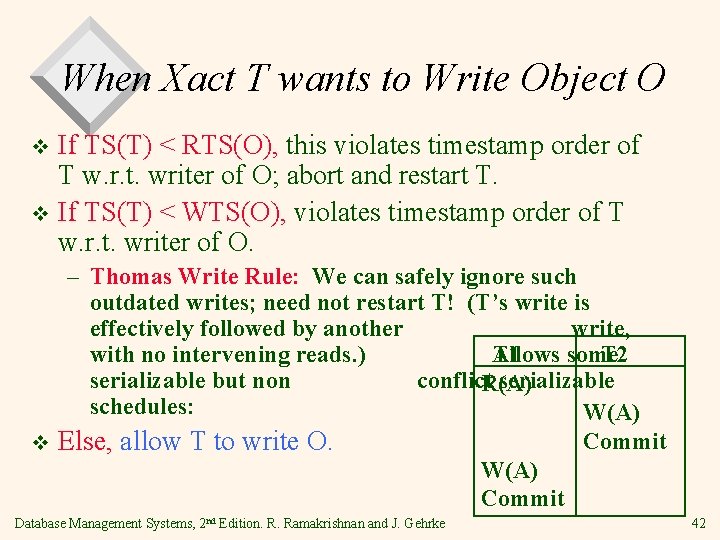 When Xact T wants to Write Object O If TS(T) < RTS(O), this violates