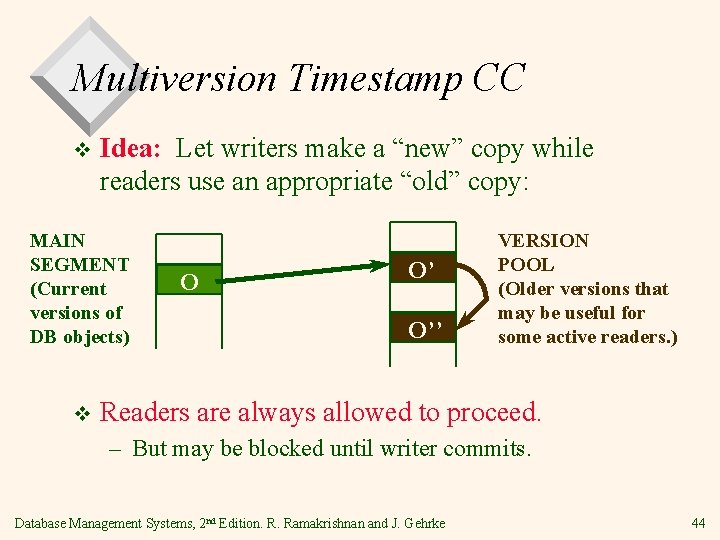 Multiversion Timestamp CC v Idea: Let writers make a “new” copy while readers use