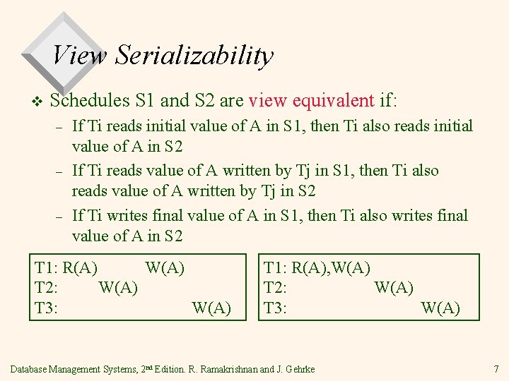 View Serializability v Schedules S 1 and S 2 are view equivalent if: –