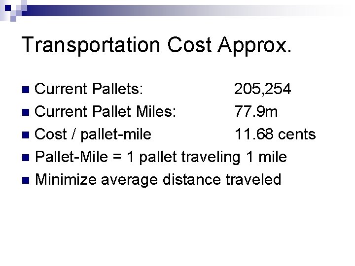 Transportation Cost Approx. Current Pallets: 205, 254 n Current Pallet Miles: 77. 9 m