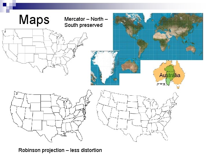 Maps Mercator – North – South preserved Robinson projection – less distortion 