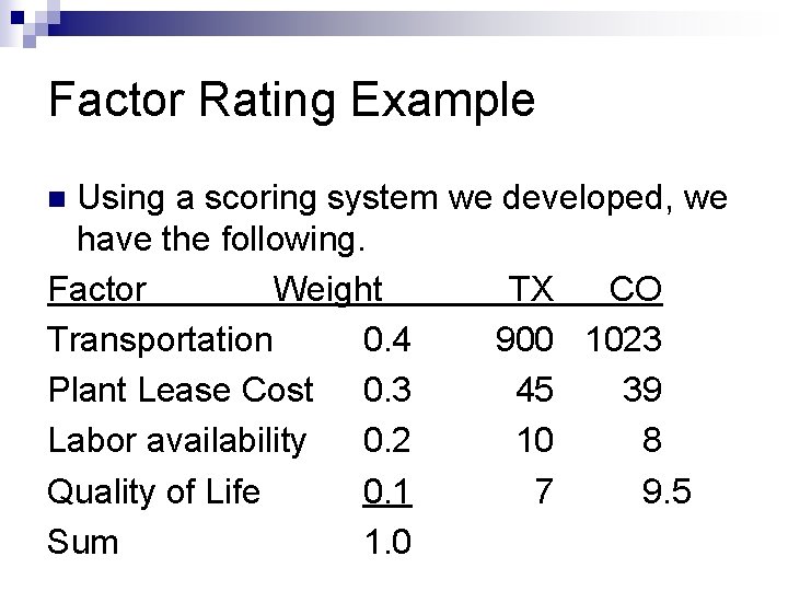 Factor Rating Example Using a scoring system we developed, we have the following. Factor
