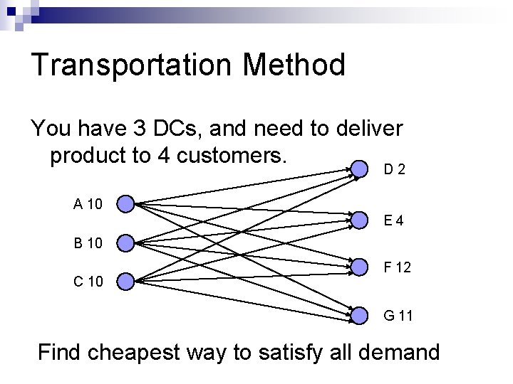 Transportation Method You have 3 DCs, and need to deliver product to 4 customers.