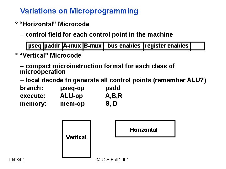 Variations on Microprogramming ° “Horizontal” Microcode – control field for each control point in Variations on Microprogramming ° “Horizontal” Microcode – control field for each control point in