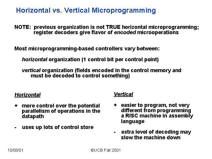 Horizontal vs. Vertical Microprogramming NOTE: previous organization is not TRUE horizontal microprogramming; register decoders