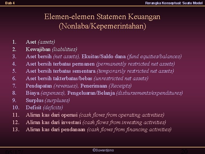 Bab 4 Rerangka Konseptual: Suatu Model Elemen-elemen Statemen Keuangan (Nonlaba/Kepemerintahan) 1. 2. 3. 4.