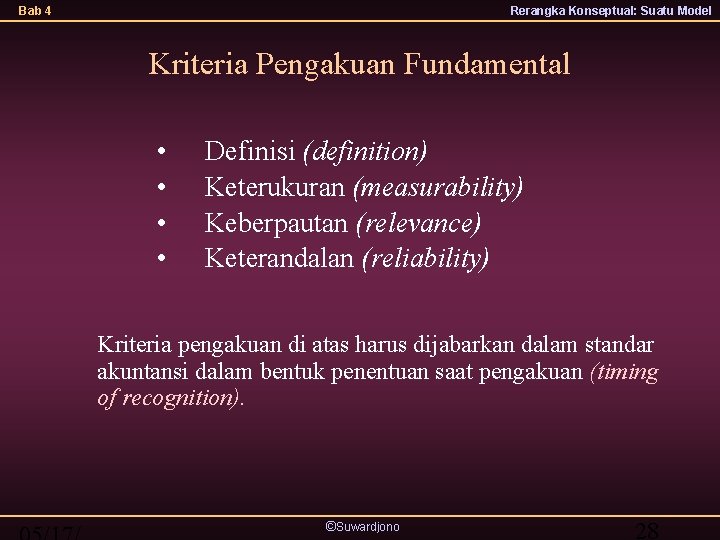 Bab 4 Rerangka Konseptual: Suatu Model Kriteria Pengakuan Fundamental • • Definisi (definition) Keterukuran