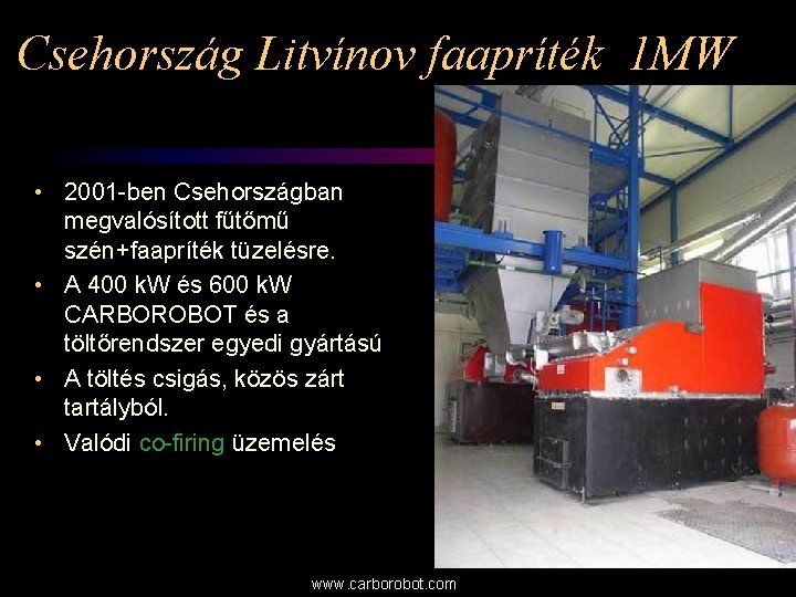 Csehország Litvínov faapríték 1 MW • 2001 -ben Csehországban megvalósított fűtőmű szén+faapríték tüzelésre. •