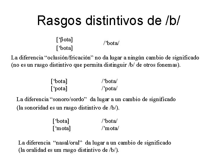 Rasgos distintivos de /b/ [‘βota] [‘bota] /’bota/ La diferencia “oclusión/fricación” no da lugar a