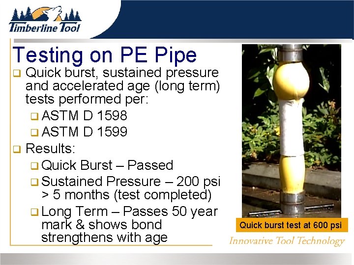 Testing on PE Pipe Quick burst, sustained pressure and accelerated age (long term) tests