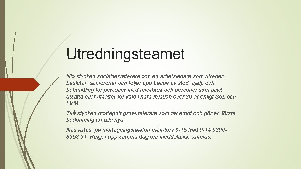 Utredningsteamet Nio stycken socialsekreterare och en arbetsledare som utreder, beslutar, samordnar och följer upp