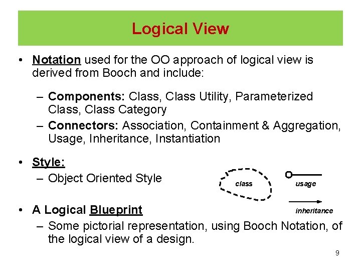 Logical View • Notation used for the OO approach of logical view is derived