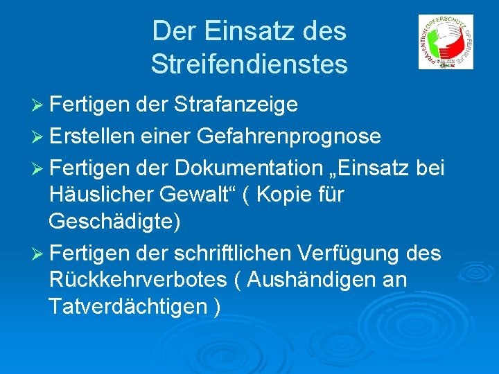 Der Einsatz des Streifendienstes Ø Fertigen der Strafanzeige Ø Erstellen einer Gefahrenprognose Ø Fertigen