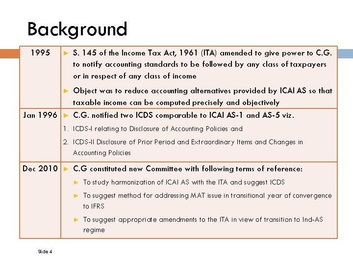 Background 1995 Jan 1996 ► S. 145 of the Income Tax Act, 1961 (ITA)