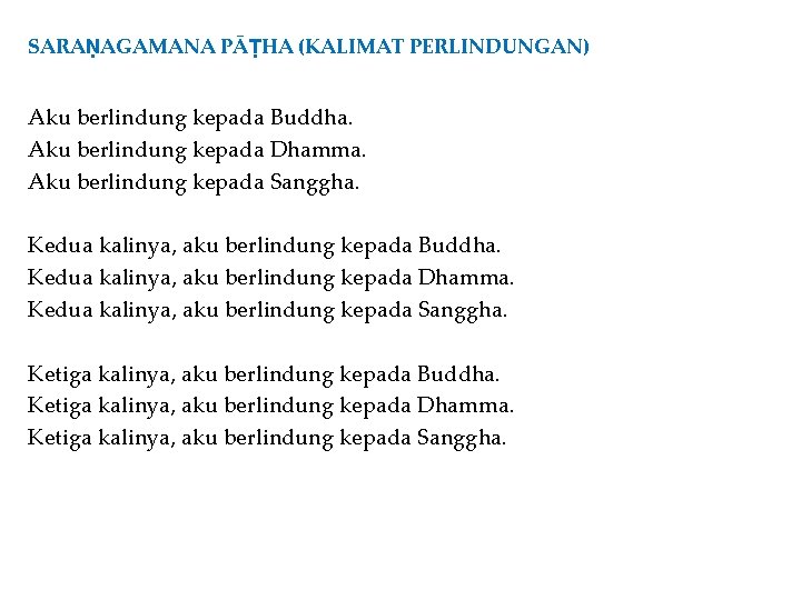 SARAṆAGAMANA PĀṬHA (KALIMAT PERLINDUNGAN) Aku berlindung kepada Buddha. Aku berlindung kepada Dhamma. Aku berlindung