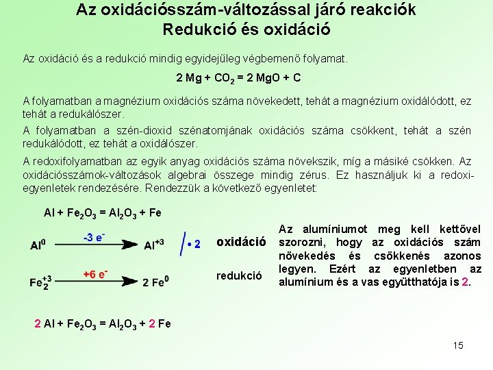 Az oxidációsszám-változással járó reakciók Redukció és oxidáció Az oxidáció és a redukció mindig egyidejűleg