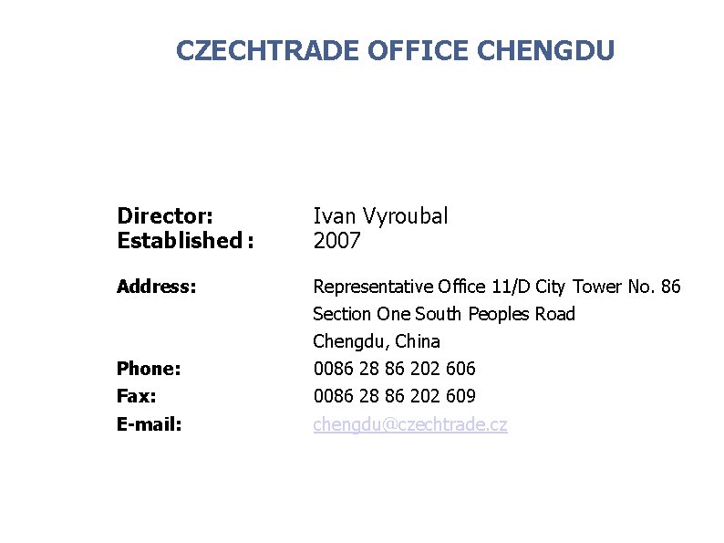 CZECHTRADE OFFICE CHENGDU Director: Established : Ivan Vyroubal 2007 Address: Representative Office 11/D City