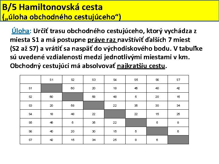 B/5 Hamiltonovská cesta („úloha obchodného cestujúceho“) Úloha: Určiť trasu obchodného cestujúceho, ktorý vychádza z