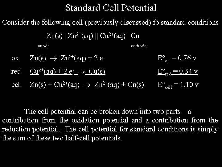 Standard Cell Potential Consider the following cell (previously discussed) fo standard conditions Zn(s) |