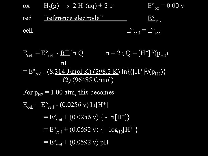 ox H 2(g) 2 H+(aq) + 2 e- E ox = 0. 00 v