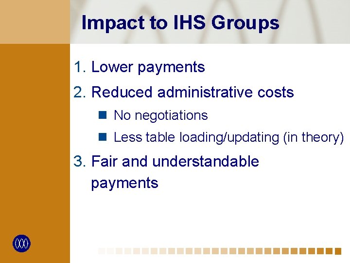 Impact to IHS Groups 1. Lower payments 2. Reduced administrative costs n No negotiations