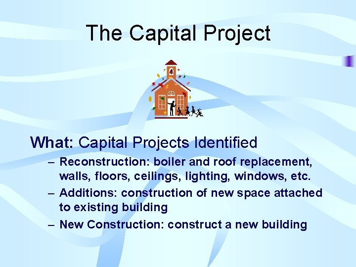 The Capital Project What: Capital Projects Identified – Reconstruction: boiler and roof replacement, walls,