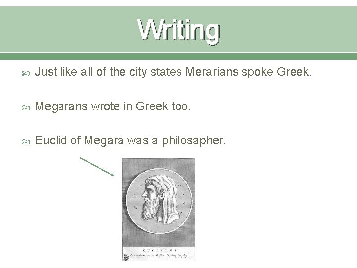 Writing Just like all of the city states Merarians spoke Greek. Megarans wrote in