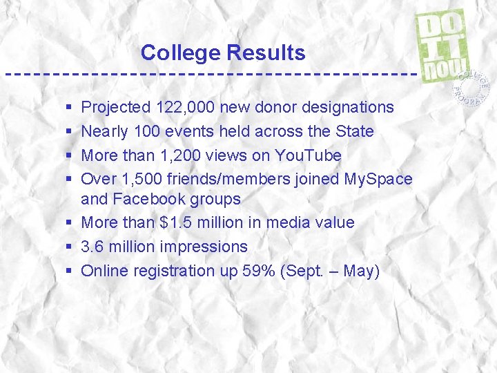 College Results § § Projected 122, 000 new donor designations Nearly 100 events held