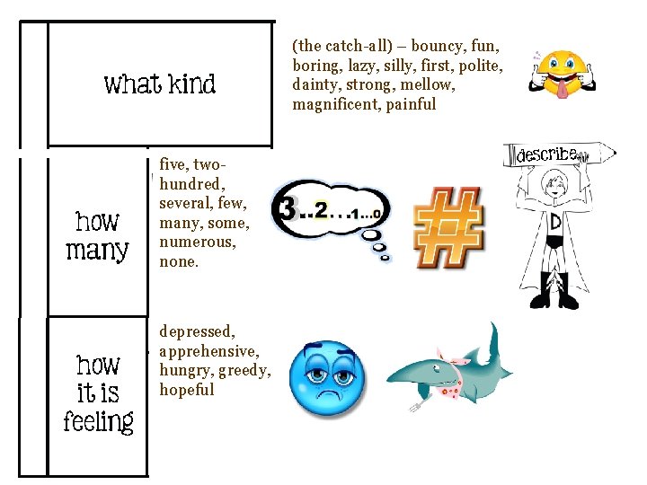 (the catch-all) – bouncy, fun, boring, lazy, silly, first, polite, dainty, strong, mellow, magnificent,