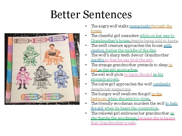 Better Sentences • • • The angry wolf stalks menacingly through the forest. The